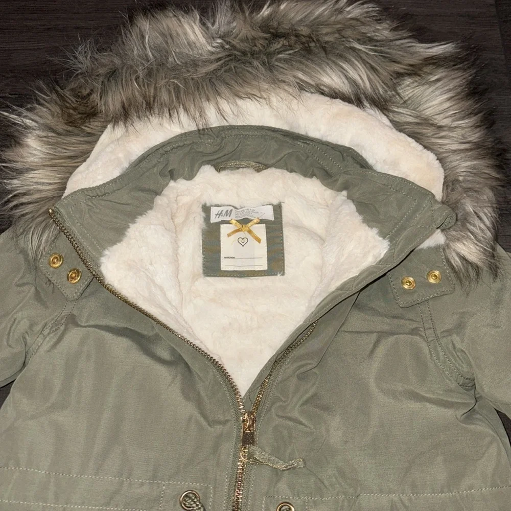 H&M Toddler Hooded Padded Parka w/Faux Fur Trim Size 3-4 Olive Green/Cream NWOT